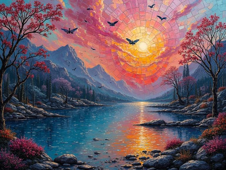 A mesmerizing landscape featuring bright colors and abstract shapes. It includes a sunset with radiant beams of light, mountains in the background, and a lake reflecting the vibrant hues. The scene has trees adorned with pink flowers and butterflies flying in the sky.