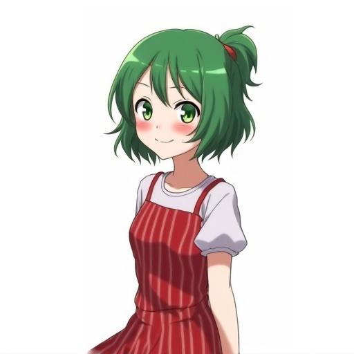 Anime girl age sixteen with green hair stands to the right smiling. White and red smudges under her eyes. Foreground focused on her head, shoulders, and breasts. Vertical red striped dress against a white background.