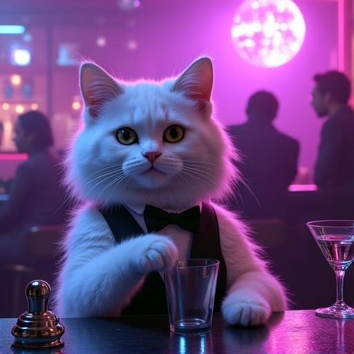 Photorealistic portrait of a fluffy white cat serving drinks in a vibrant nightclub. Cat holds a cocktail shaker wearing a black vest and bowtie. Empty glasses are on the bar. Neon lights create a party atmosphere. Other cats seen enjoying the club ambiance.