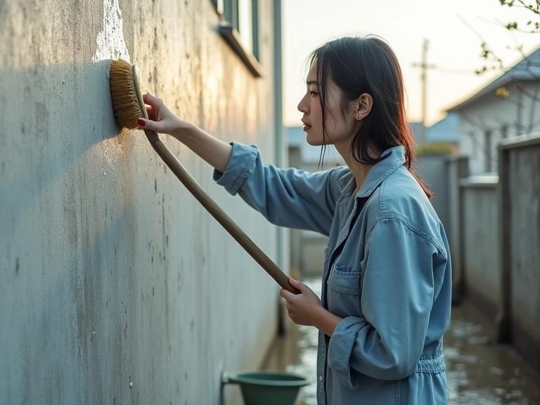 A woman engages in cleaning a tall gray wall. She wears a light blue work jacket. She holds a long brush and wipes the wall vigorously. Tiny droplets of water glisten in the sunlight. A bucket sits nearby. The background shows low roofs and budding trees.