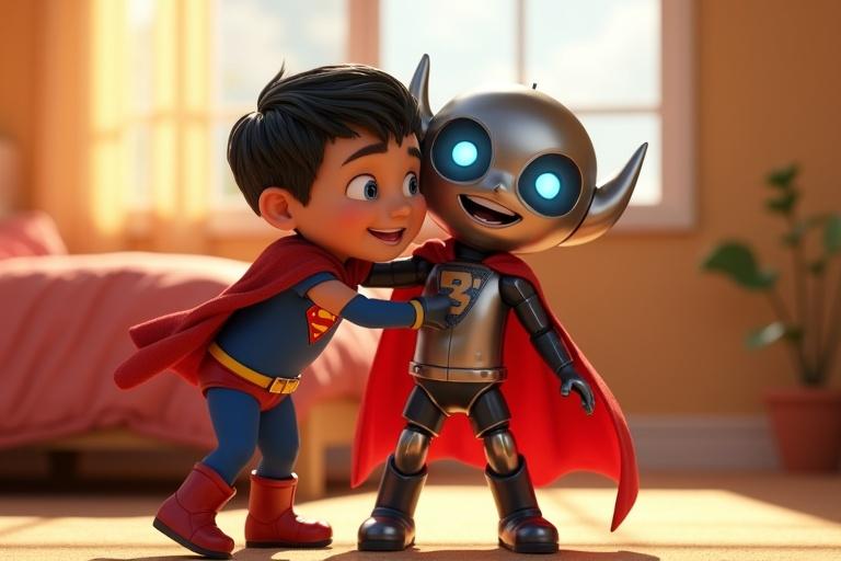 A vibrant and heartwarming 3D animated scene depicts a young boy in a superhero outfit embracing a futuristic robot. The robot has a metallic design with glowing eyes, showcasing excitement. A superhero character in a red cape and blue suit stands smiling nearby. The setting is a sunny children's bedroom.