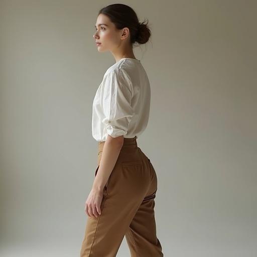 Portrait of a beautiful woman depicted from behind. Elegant profile view of her face and hair. Wearing form-fitting trousers and a linen blouse. Highlighting her graceful walk and noble elegance. Clean background with natural light.