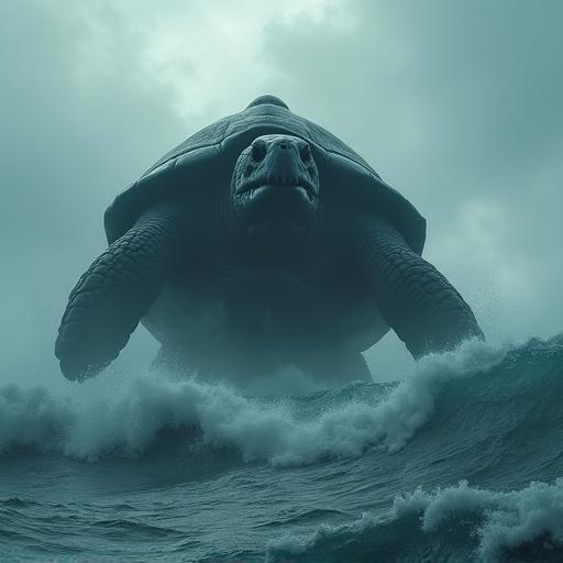 A gigantic turtle rises halfway out of the ocean. The turtle is dark greyish blue and has tusk teeth. Thick textured shell is visible. Huge waves crash around the turtle causing foam. Mist and clouds fill the scene. A cargo ship appears capsized in front of the turtle.