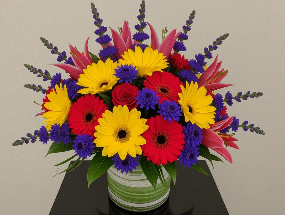 A stunning floral arrangement showcasing a variety of vibrant flowers. Bright yellow gerbera daisies mix with red roses and purple flowers. Lush green leaves surround the bouquet. The arrangement bursts with color and creates a lively atmosphere.