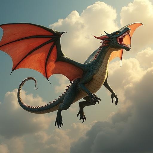 Dragon flying in a dynamic pose against a cloudy sky. Detailed features include large red wings, a scaly body, and fierce expression, capturing a sense of motion.