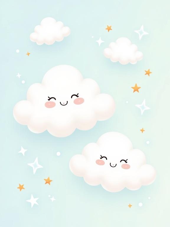 Fluffy white cartoon clouds with smiling faces surrounded by dreamy sparkles and stars. Soft pastel colors create a whimsical daydream atmosphere. Isolated on a transparent background in a cute illustration style.