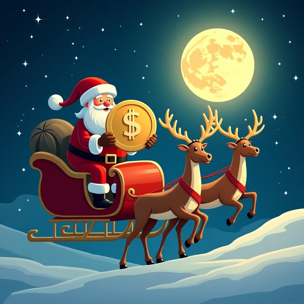 Santa Claus in a sleigh with reindeer. Holding a large golden coin $TRP. Night sky with stars and a full moon visible.