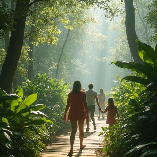 A family silhouette walking hand in hand on a wooden path surrounded by lush green plants. Soft sunlight streaming through the trees creates a serene and peaceful atmosphere. The scene evokes a sense of adventure and connection with nature.