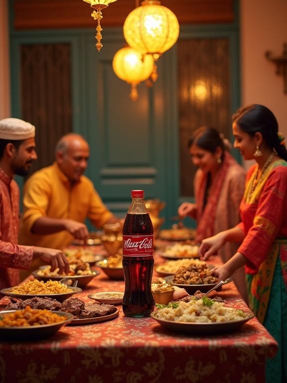 An inviting interior scene in traditional Dhaka home capturing preparations for Eid-ul-Adha feast. Family dressed in vibrant attire. Men in embroidered panjabis, women in colorful sarees with gold jewelry. A feast of Bangladeshi dishes like beef bhuna, kacchi biryani, and sweets. Prominent 'Maxx Cola' bottle with red cap on table. Festive items like nakshi kantha runners, star-shaped lanterns, 'Eid Mubarak' banner in Bengali. Warm lighting enhances joyous spirit of Eid.