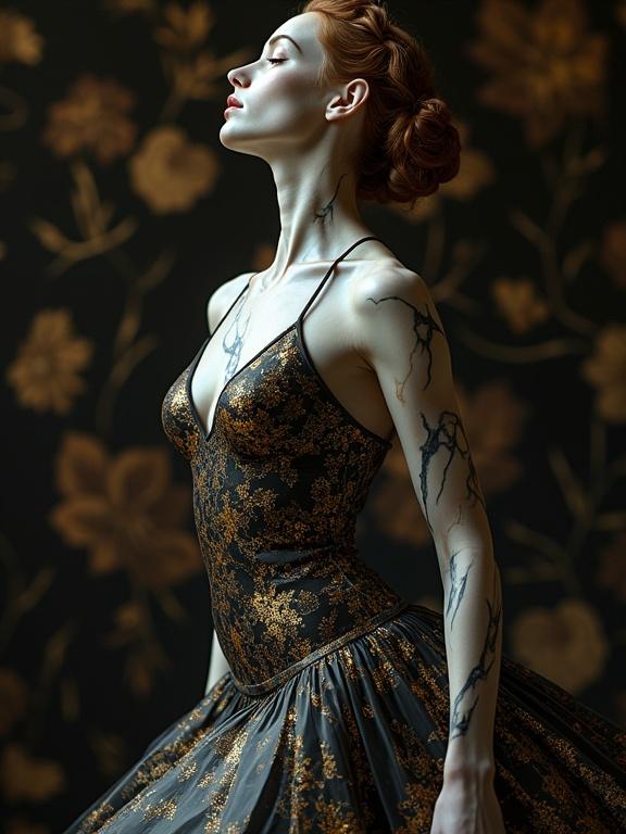 Photo of a ballerina with marble skin. Wears a marble-patterned dress. Background features black with gold dark botanical patterns. Emphasizes elegance and artistry in a photorealistic style.