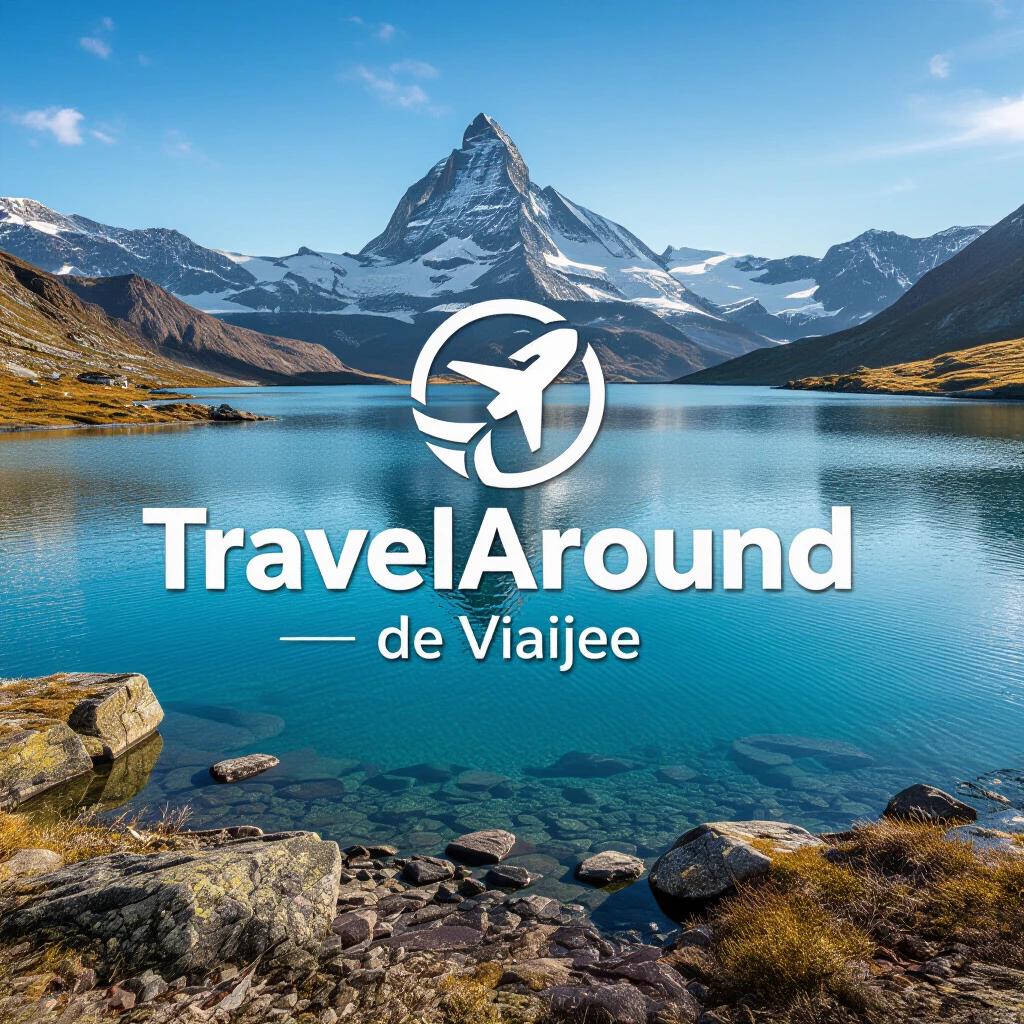 Create a logo for a travel agency named TravelAround. Include a natural landscape theme with mountains and water. The logo should convey adventure and exploration.