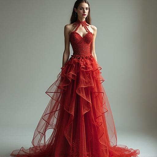 Studio art showcasing a futuristic avant-garde couture gown in vibrant red with intricate detailing.