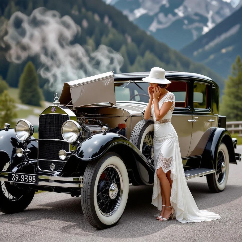 Photorealistic image of a 1928 Mercedes-Benz 18/100 PS Sportwagen. Art Deco socialite in a white lace dress. Woman leans over the left-side fender with palms on cheeks. Steam erupts from the open engine. Moody mountain background with soft lighting. Vintage automotive theme captured beautifully.