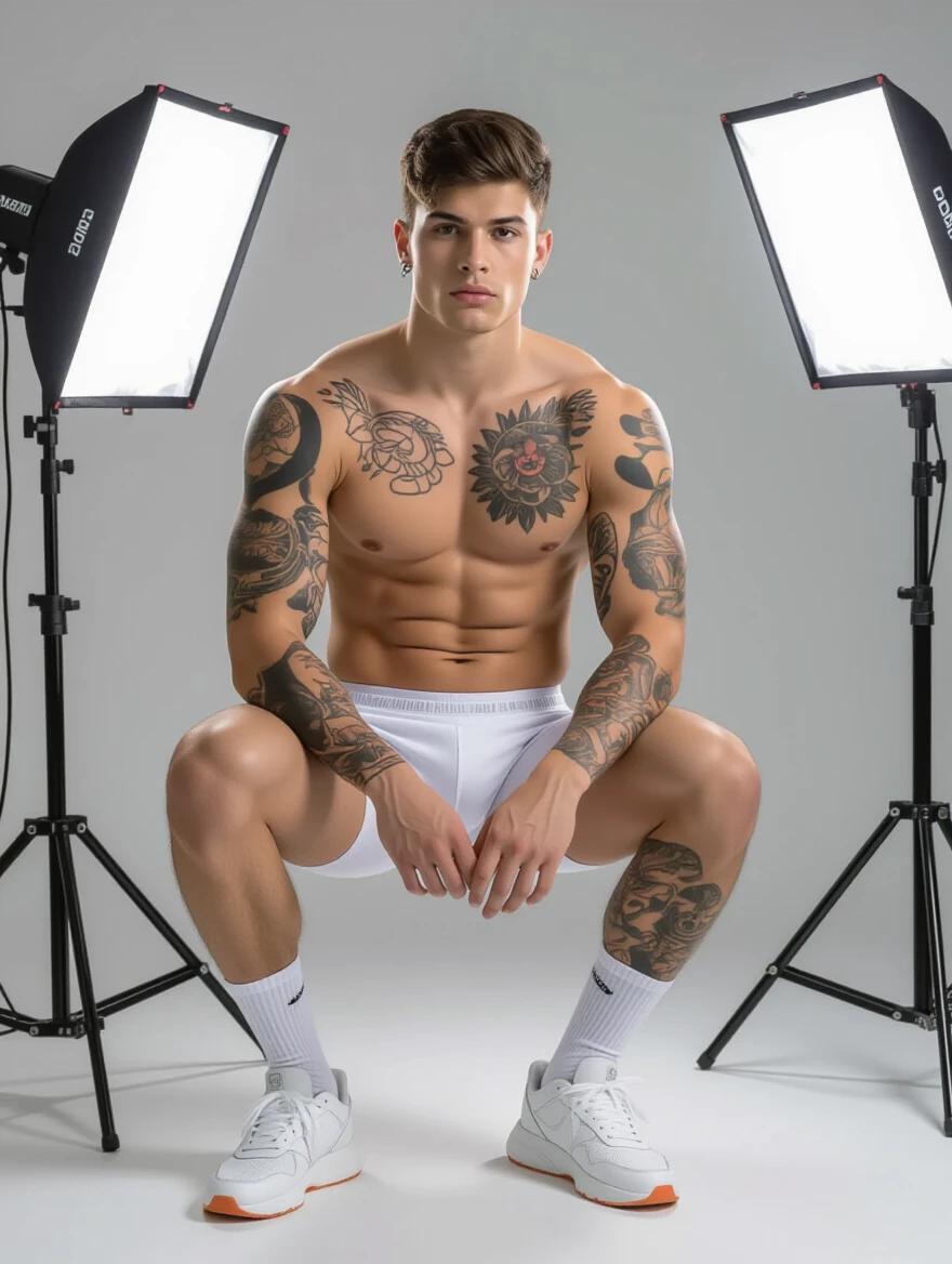 Young man in white underwear poses in a photography studio. He has many tattoos on his body. Bright studio lights illuminate his figure. His pose is relaxed yet sensual. He wears white socks and sporty sneakers. The atmosphere is professional and focused on body art.