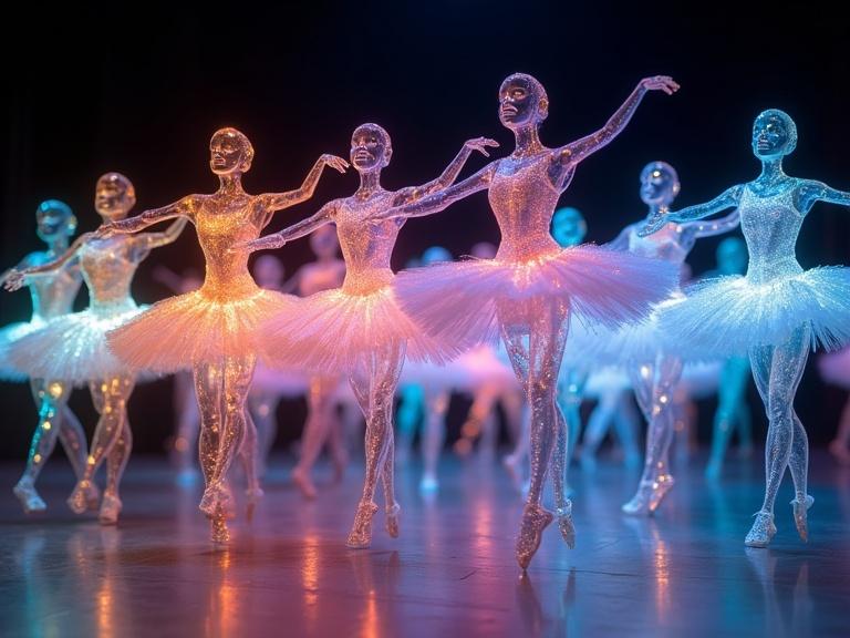 Many anthropomorphic glass and crystal musical notes performing a choreographed ballet routine. The notes have inner glowing colors. The overall aesthetic is vibrant and soft.