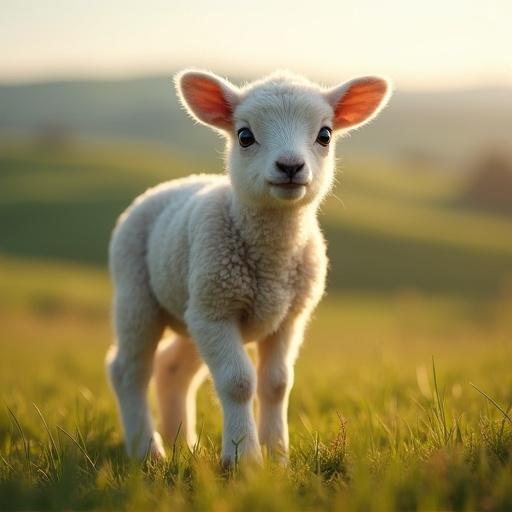 Young timid lamb stands alone in verdant pasture. Soft white fleece glows in golden afternoon light. Large dark brown eyes wide with apprehension. Ears slightly back, body tense and poised to flee. Hunched posture, legs braced, nervousness palpable. Gentle breeze ruffles fleece. Background of rolling hills in greens, yellows, and blues under clear pale blue sky. Close-up, low-angle shot emphasizes vulnerability. Pastoral style reminiscent of 18th-century British painting. Soft, diffused lighting creates serene but melancholic mood. Soft and fluffy texture contrasts with rough earth.
