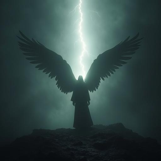 An angel stands against darkness. Wings spread wide. Bright light pierces the shadow. Lightning strikes in the background.