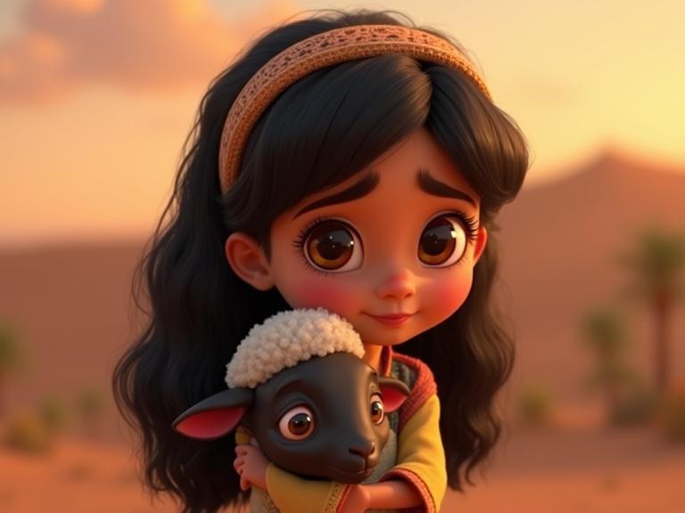 A Pixar-style 3D cartoon featuring a 7-year-old Arabic girl with big brown eyes and black hair. She holds a small black lamb, her expression is emotional as she realizes the lamb's fate during Eid celebrations. The background shows a warm desert landscape with soft, inviting colors.