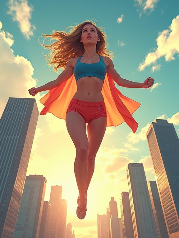 Illustration of a supergirl figure in yoga shorts and sports bra. The character is flying amidst skyscrapers under a sunny sky. Hair is flowing with the wind.