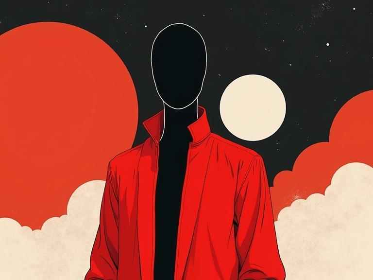 Faceless black mannequin in a red tunic. Abstract shapes in the background. Minimalist design with bold contrasts. Space elements included. Surreal and emotive composition with a fashion vibe.