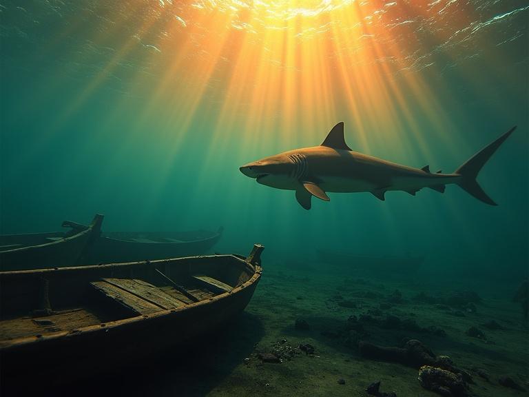 A hyperrealistic underwater scene shows a large shark swimming near broken wooden boats scattered on the ocean floor. Warm golden-orange light from sunset filters through water’s surface, creating dramatic light shafts and colorful reflections. Water has a slight reddish tint from sunset colors, enhancing the eerie and tense atmosphere. Floating debris and fragments of damaged boats drift gently. Shark’s sleek body and menacing eyes are visible in warm underwater glow. Cinematic lighting emphasizes suspense and danger beneath calm surface.