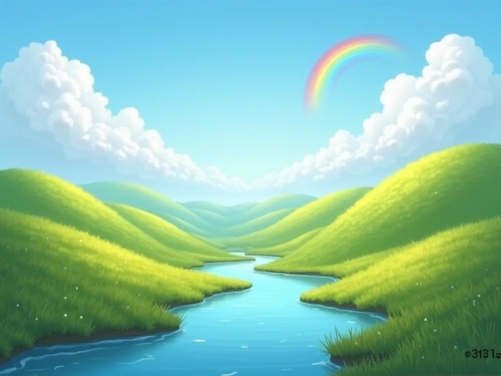 This image depicts a picturesque landscape filled with rolling green hills and a serene blue river that winds through the scene. A bright rainbow arcs above, gently contrasting the fluffy white clouds in a clear sky. The vibrant colors convey a sense of joy and tranquility. The lush grass seems almost to glisten in the sunlight, enhancing the idyllic natural setting. This scene is inviting and perfect for conveying themes of peace and beauty in nature.