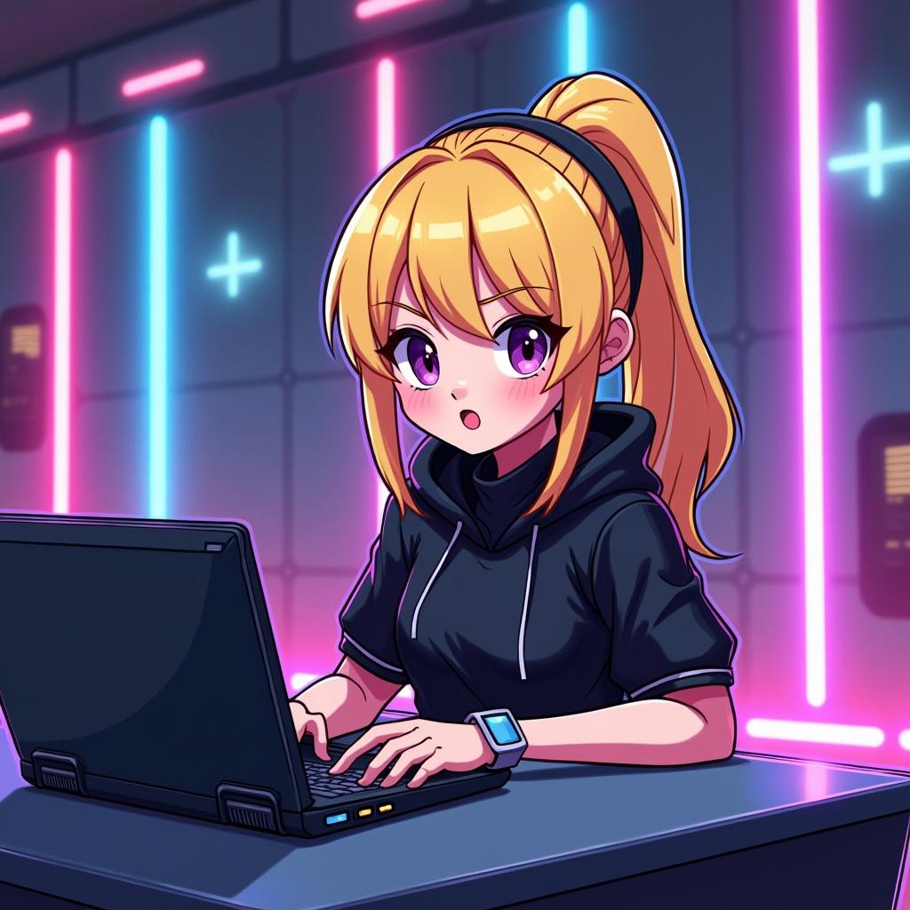 Cartoon-style illustration of a female character with blonde ponytail. She sits at a desk working on a laptop. She wears a black outfit. The setting features neon-lit futuristic background with glowing lights. The aesthetic is tech-focused or cyberpunk. The overall vibe is colorful and energetic.