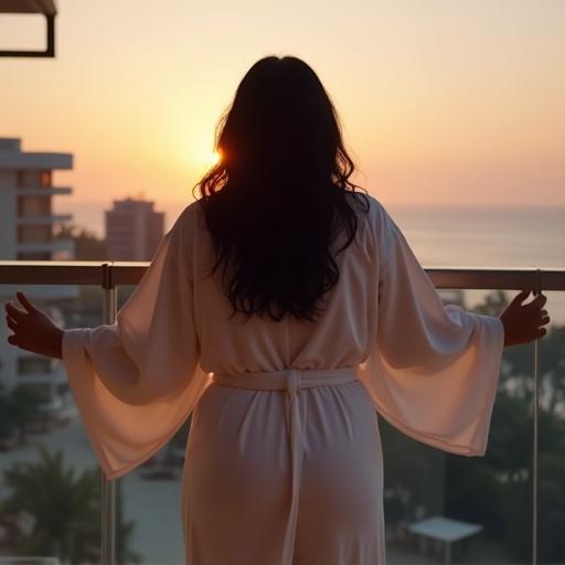 Thick woman stretches on hotel balcony at sunrise. She wears a white satin robe tied at the waist. Long black hair flows in soft curls. Skin has a medium tan with a natural glow. Gazing over a pastel-toned sky. Background shows a panoramic cityscape. Sunlight highlights her silhouette. Focus on her figure from behind. Photorealistic details with cinematic lighting.
