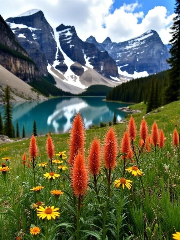 Natural landscape with a calm lake. Wildflowers with orange-red and yellow colors in the foreground. Evergreen trees surround the lake. Snow-capped mountains rise in the background. Bright blue sky with fluffy clouds.