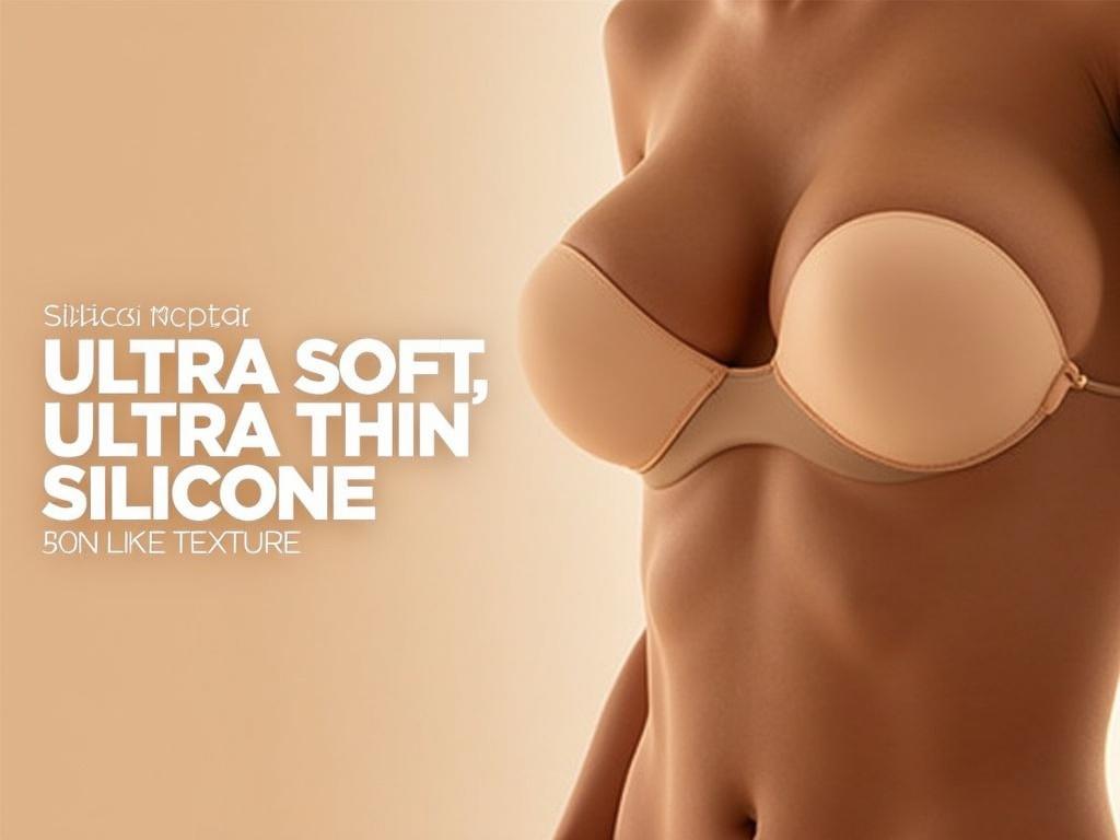 The image showcases a close-up of a woman's upper body, highlighting silicone breast forms. The subject has a natural skin tone and appears to have subtle curves. The lighting is soft and warm, enhancing the realistic appearance of the silicone products. The background features a gradient from light beige to darker shades, creating an inviting atmosphere. The text on the image emphasizes the qualities of the silicone, stating "ULTRA SOFT, ULTRA THIN SILICONE" and highlights its skin-like texture.