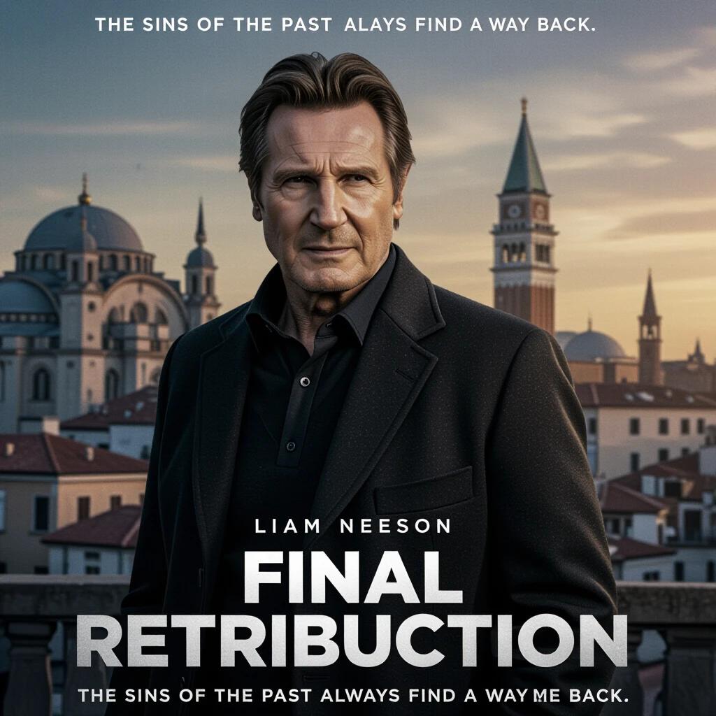 Movie poster for FINAL RETRIBUTION featuring Liam Neeson. A retired covert operative stands in a European city. The film's tagline appears at the top. The atmosphere is tense and suspenseful with a captivating backdrop.