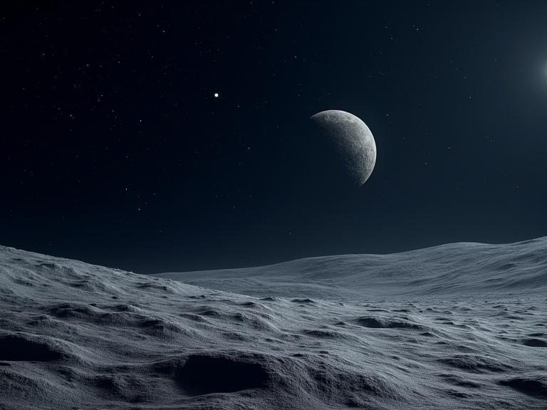 View of the lunar surface with a dark space background. No planets visible in the scene.