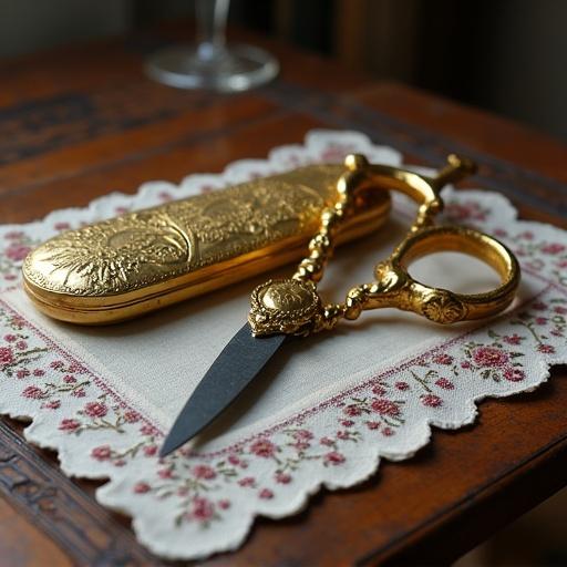 Still life of scissors with golden carved handles and a golden case. Spools of thread nearby. All on a decorative fabric napkin on a sewing table.