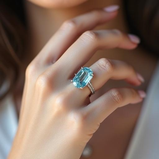 Aquamarine ring displayed elegantly on a hand. The ring features an elongated oval aquamarine stone with a silver band. The hand is adorned with manicured nails. Soft natural lighting highlights the details of the ring and hand.