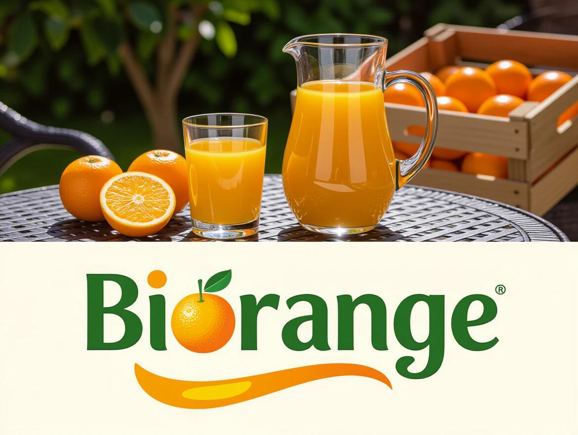 Striking photograph featuring jug of orange juice on patio table with tall glass next to it and several oranges on the table some cut in half. Wooden crate visible in background full of oranges alongside prominent brand logo. Blurred darkened background suggests outdoor garden setting in daylight.