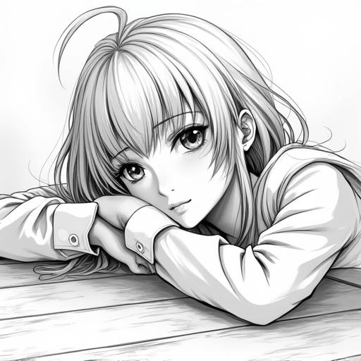 Lineart of an alluring anime woman lying on a table in black and white style.