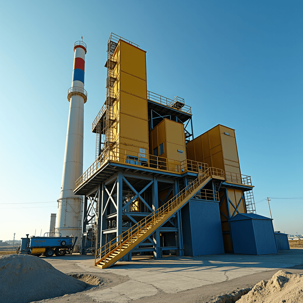 A modern industrial facility with a yellow structure and a tall chimney against a clear blue sky.