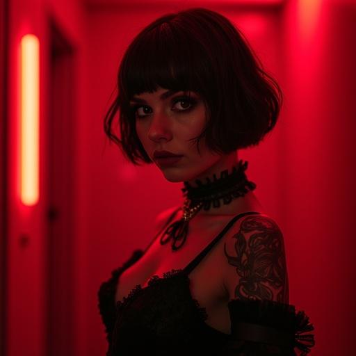 Gothic girl poses in a red room. She has short hair and tattoos. The ambience is cyberdark with rich aesthetics and dramatic lighting.