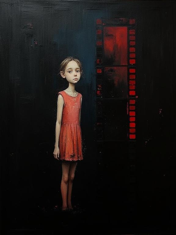 Digital oil painting features a girl standing in an orange dress against a black background. Art showcases cubist and unfinished elements. Harsh paint strokes create shadows resembling film strips. Flat colors emphasize the girl's silhouette. Includes elements of sadness between mother and daughter.