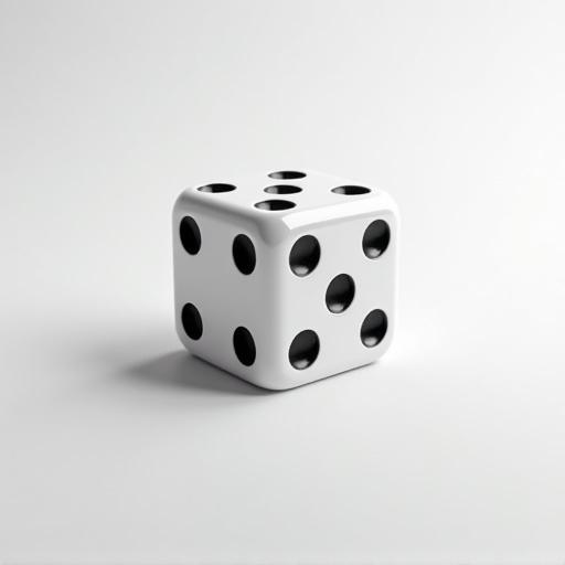 A hyper-realistic image of a white six-sided die on a solid color background. The die has black dots representing numbers. The focus is on the die emphasizing its texture and shape.