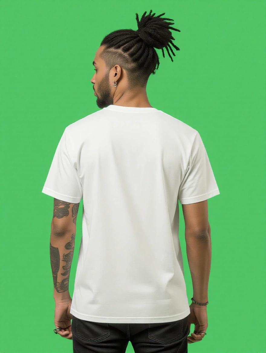 Half-body clothing model showing back view wearing a white t-shirt. Natural and professional pose. Urban clothing brand inspired by electronic music. Green background. Ultra high resolution. Aspect ratio 9:16.