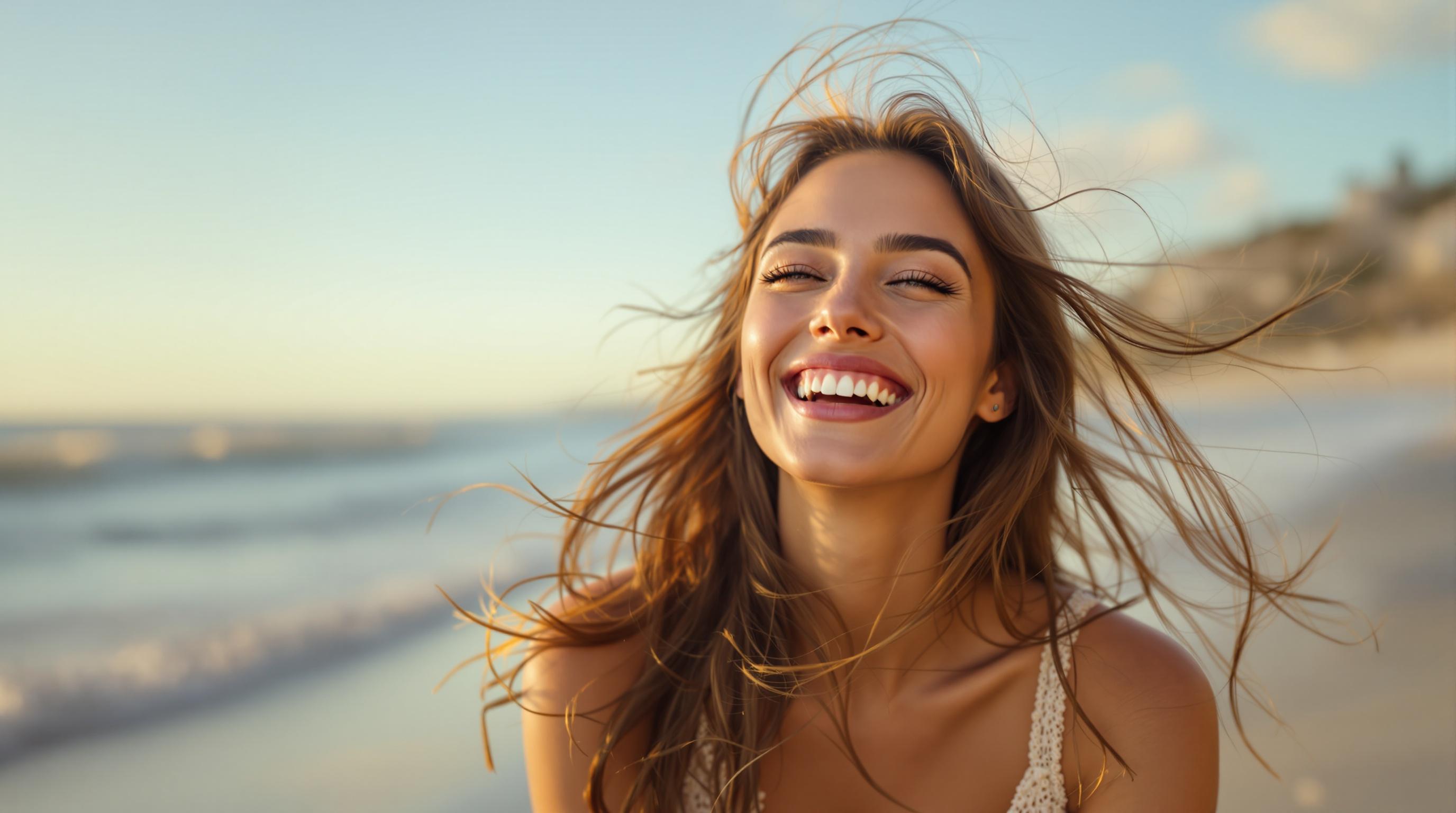 Picture of a woman at the beach during golden hour. Scene features modern woman with flowing hair. She enjoys the coastal breeze with happiness. The ocean reflects the sun's golden light. The photograph is high resolution and sharp.