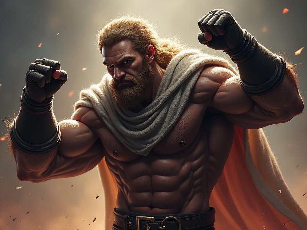 A muscular warrior with long blond hair and a beard, wearing a white cape and brown gauntlets, raising fists in a powerful stance, surrounded by an epic background with glowing embers and dramatic lighting.