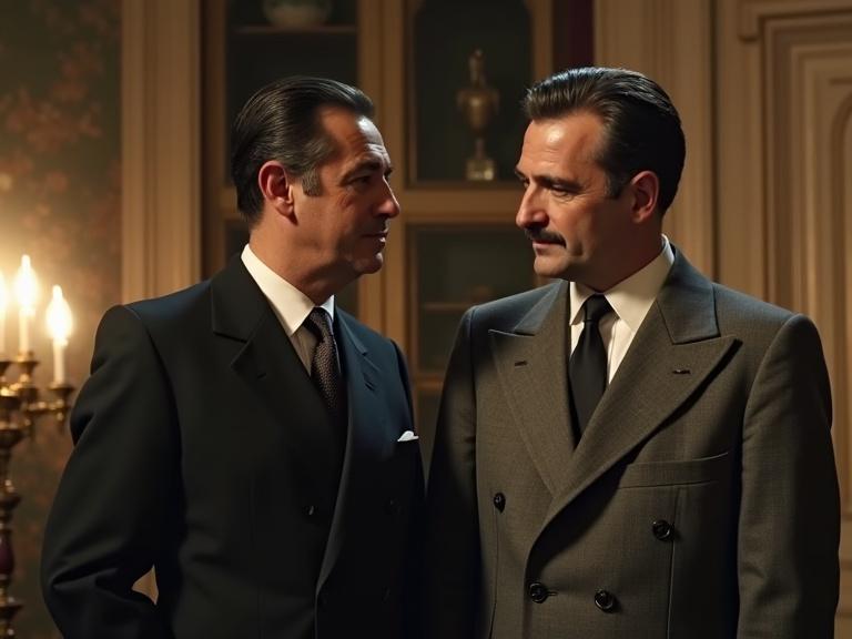 Scene of a meeting between two influential men in 1939. Formal setting with warm lighting. Both men are in elegant suits. Close proximity suggests camaraderie. Setting includes period-appropriate decor. A historical moment captured realistically.