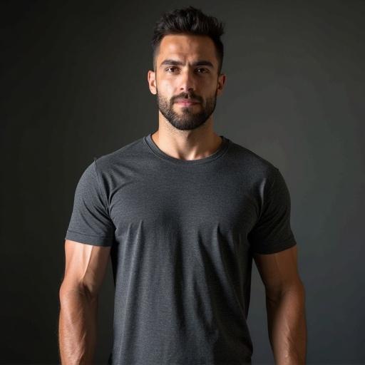 Full body photograph of a man with defined physique. He has a perfect facial feature. Wearing a half-sleeve t-shirt with a gym logo.
