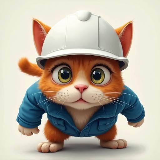 Semi-realistic cat wears a white hard hat and blue work jacket. Cat shows scared expression while backing away. Ears are flat and body is tense. Image is viewed from a diagonal angle above.