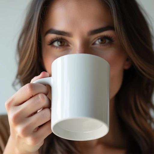 Attractive brunette woman drinks from a white cylindrical mug. The mug has no seams and no text. The mug is held in the right hand. The image focuses on the mug and hand.