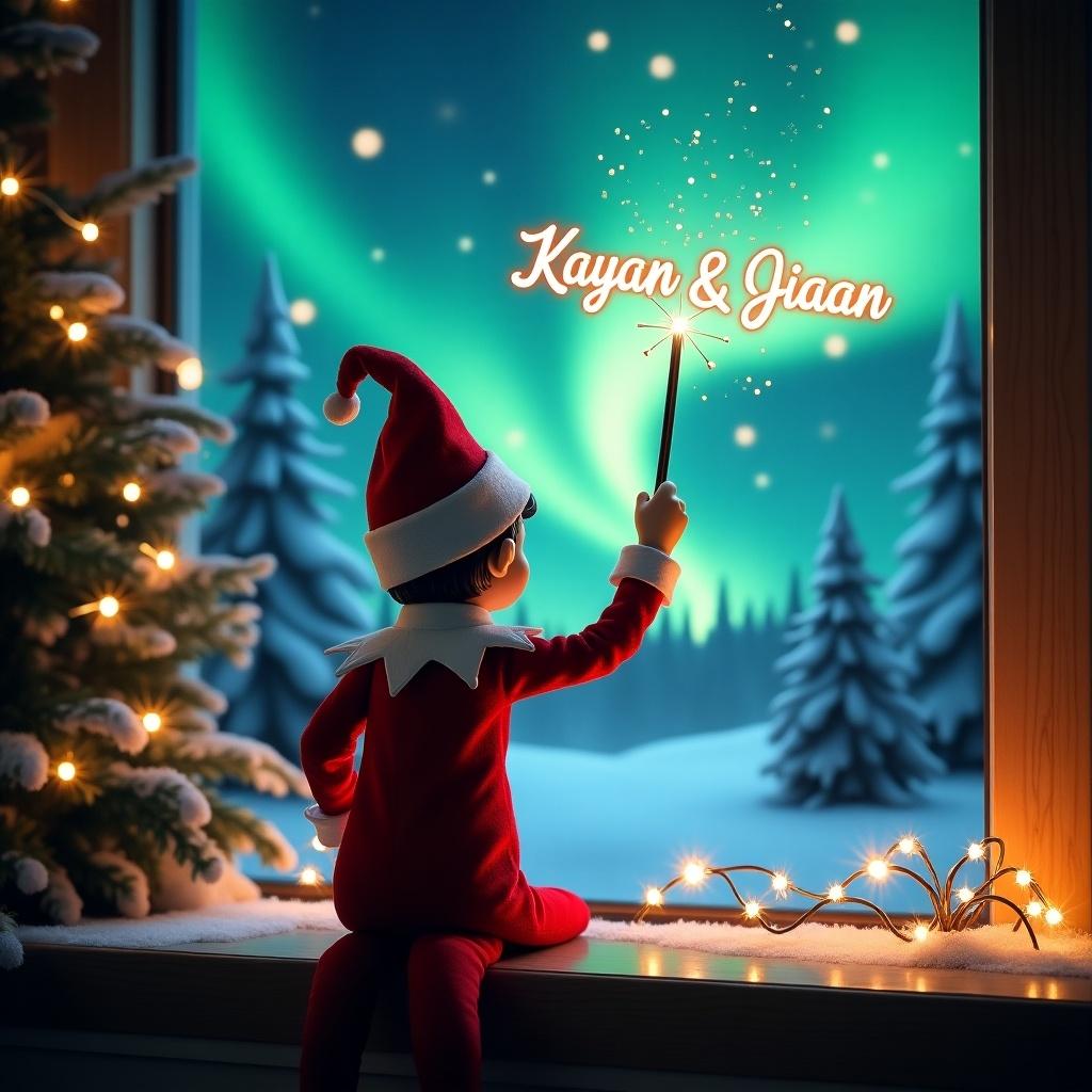 An enchanting Christmas scene features an elf on the shelf who is facing the sky with his back to the viewer. The elf is dressed in striking red and white attire and wields a magic wand, skillfully writing 'Kayan & Jiaan' in the air. The backdrop is a breathtaking display of vibrant northern lights that adds to the magical ambiance. The festive scene captures the essence of Christmas with a whimsical twist. The elf's pose and action create a delightful sense of wonder and excitement, perfectly encapsulating the joy of the holiday season.