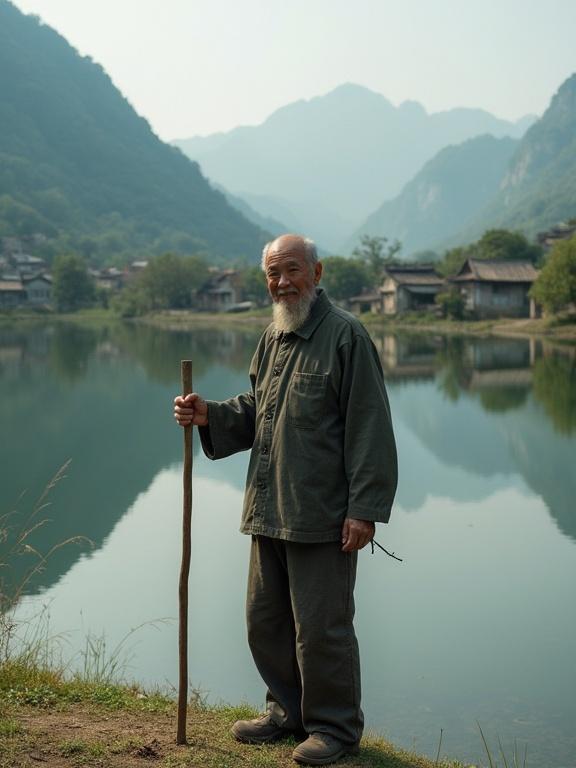 An elderly man in traditional attire standing beside a lake. Landscape shows mountains and a village in the background. The atmosphere is tranquil and serene.