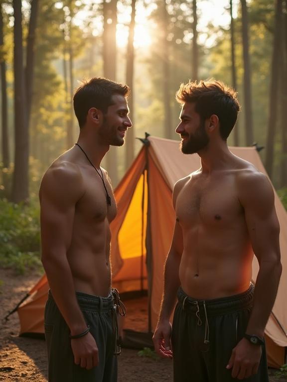 Two men standing outside a tent in a sunlit forest. Friendly interaction observed between two handsome men. Natural setting with greenery and soft light.